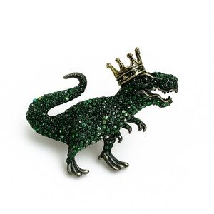 🦖⚜️ Green Zirconia Dinosaur Brooch with Gold Crown 👑